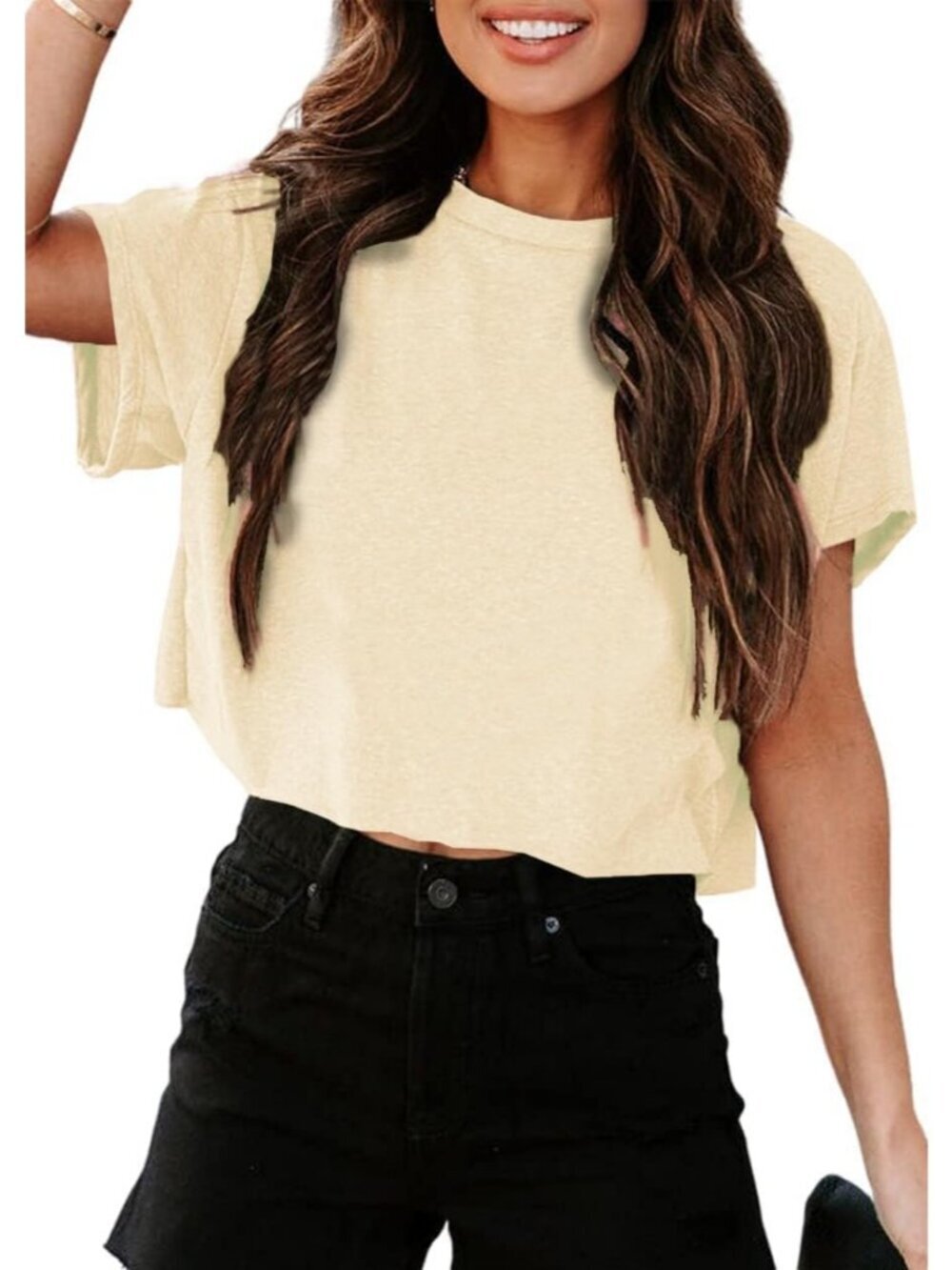 Women's Beige Crew Neck Short Sleeve Crop Tops Casual Pull On Basic Tees Shirts
